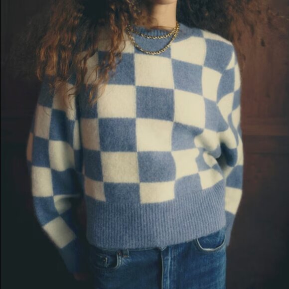 Sézane x Antoinette Poisson NWT Francois Jumper in Blue and Ecru Checks Size L - Picture 1 of 5